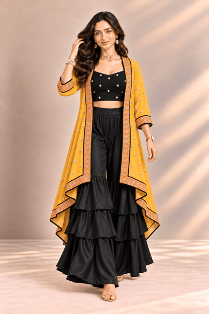 Sona Black Mustard Embroidered Cape Crop Top & Ruffle Palazzo 3 Pc Set | Zinniars