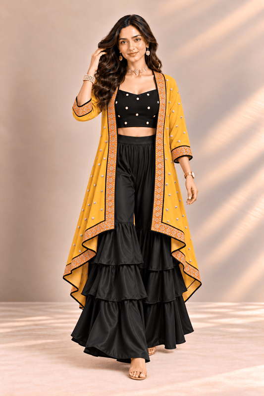 Sona Black Mustard Embroidered Cape Crop Top & Ruffle Palazzo 3 Pc Set | Zinniars