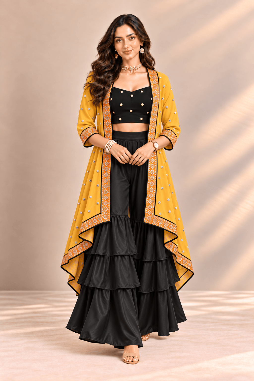 Sona Black Mustard Embroidered Cape Crop Top & Ruffle Palazzo 3 Pc Set | Zinniars