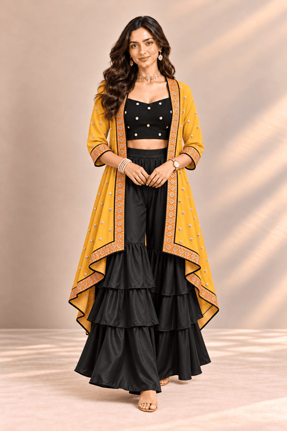 Sona Black Mustard Embroidered Cape Crop Top & Ruffle Palazzo 3 Pc Set | Zinniars