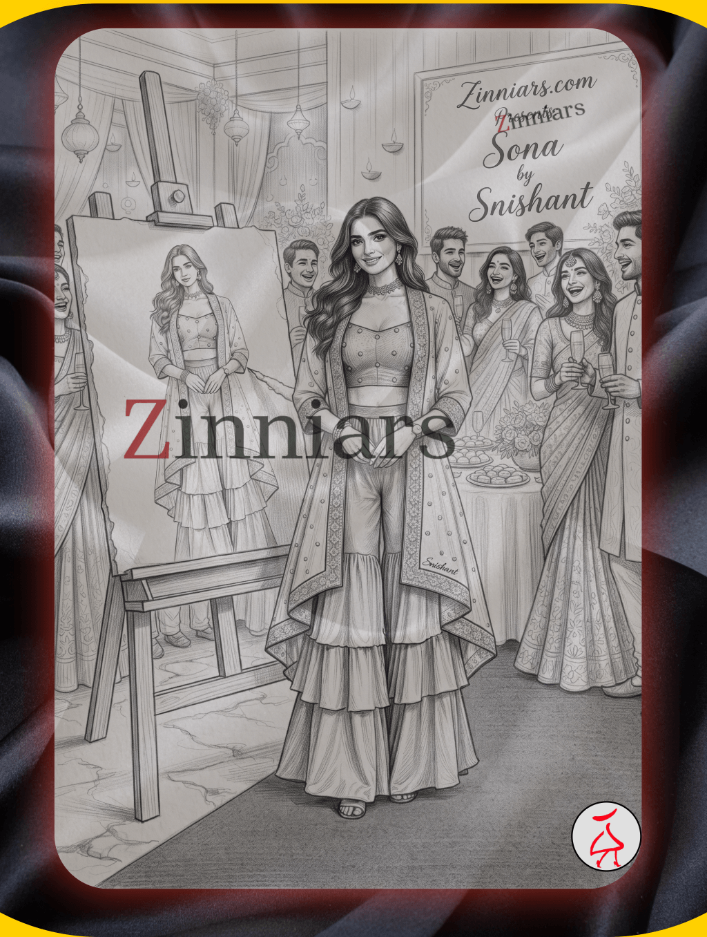 Sona Black Mustard Embroidered Cape Crop Top & Ruffle Palazzo 3 Pc Set | Zinniars