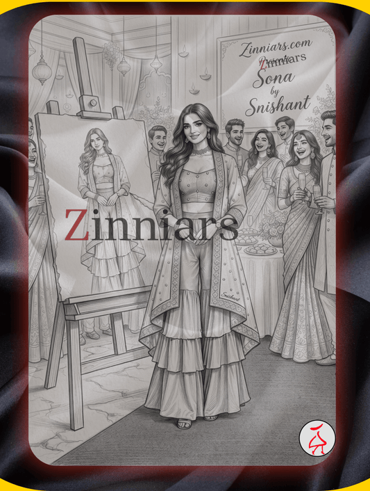 Sona Black Mustard Embroidered Cape Crop Top & Ruffle Palazzo 3 Pc Set | Zinniars