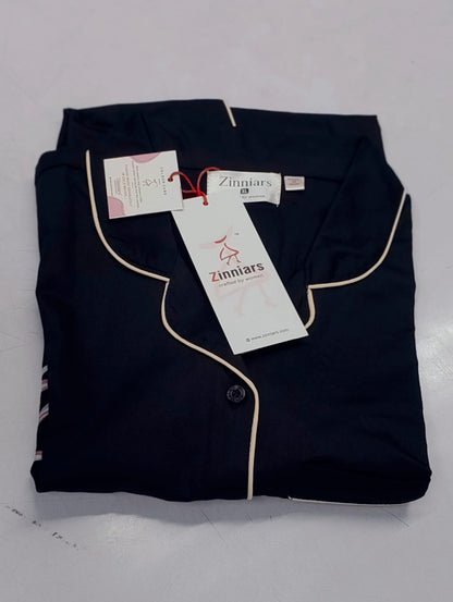 Zinniars Zenith Majestic Black Cotton Satin Co-ord Set with cream piping and brand tags