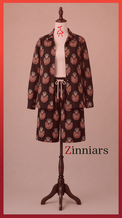 Bashii Printed Cotton Co-ord Set with Full Sleeve Shirt & Knee-Length Shorts blk2