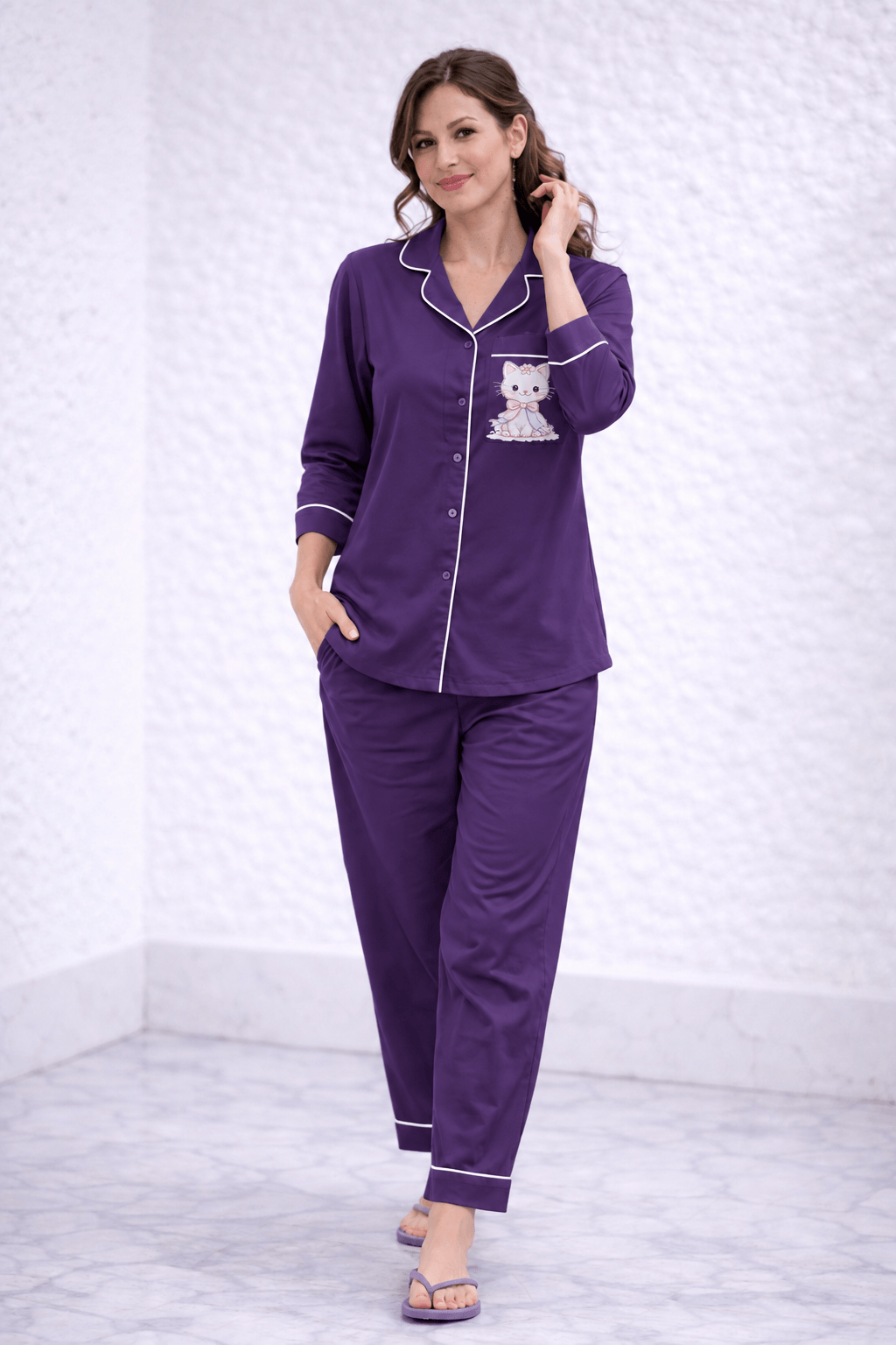 Karishma Dark Purple Cotton Satin Kitty Print Co-ord Set for Women