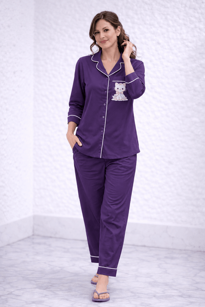 Karishma Dark Purple Cotton Satin Kitty Print Co-ord Set for Women