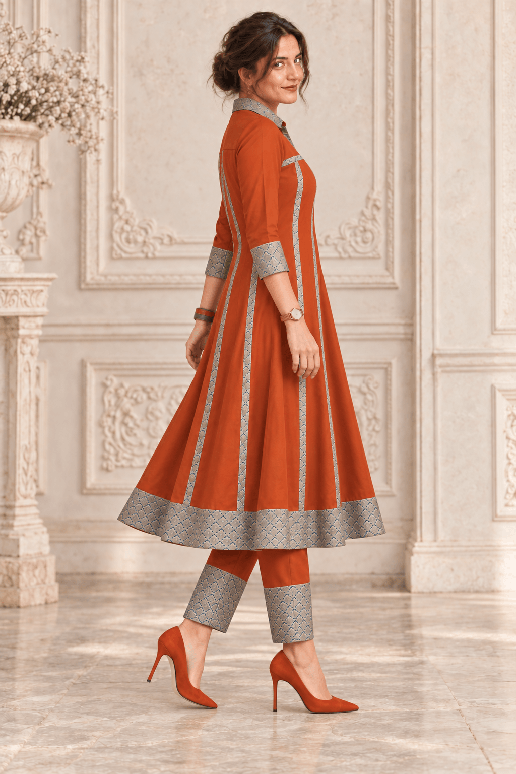 Mannat Aria Indo-Western Set – Rust with Brocade Detail