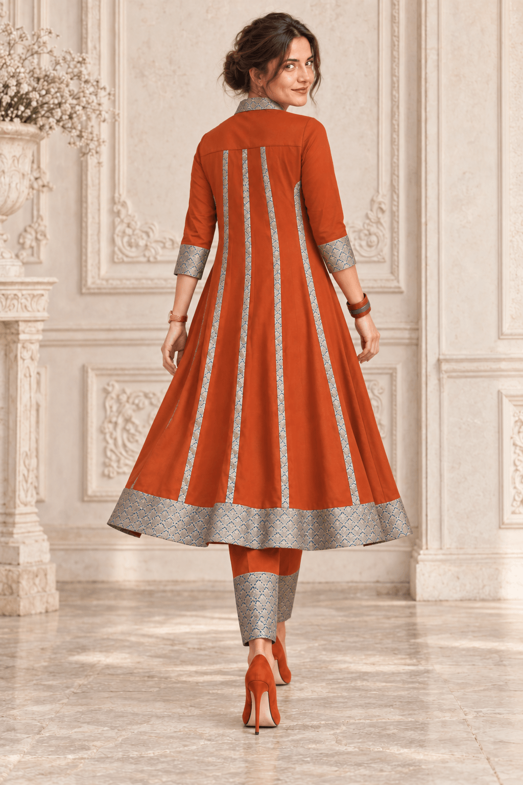 Mannat Aria Indo-Western Set – Rust with Brocade Detail