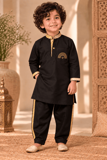 Mini Gaga Sporty Pathani Suit – Elegant Black Unisex Festive Set for Kids (2–6 Years)