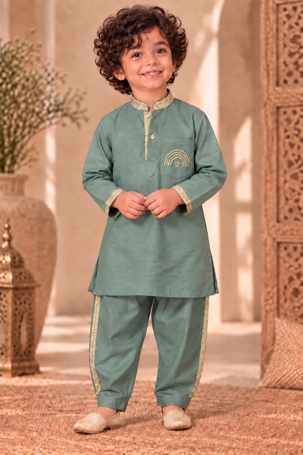 Mini Gaga Sporty Pathani Suit – Sage Green Unisex Festive Set for Kids (2–6 Years)