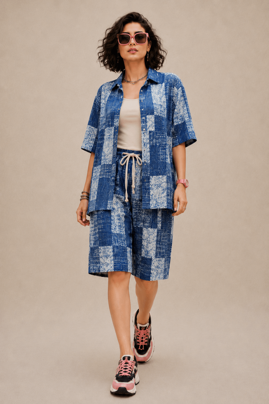 Bashii Printed Cotton Co-ord Set with Half Sleeve Shirt & Knee-Length Shorts BLU