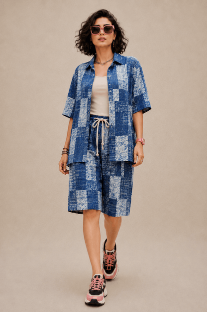 Bashii Printed Cotton Co-ord Set with Half Sleeve Shirt & Knee-Length Shorts BLU