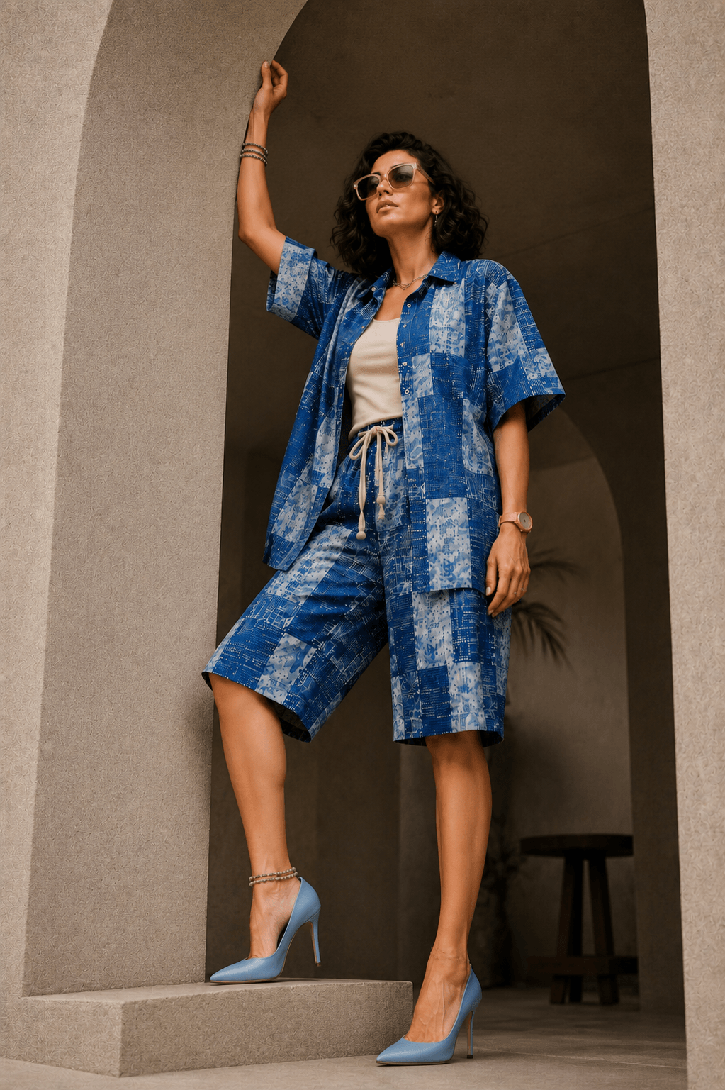 Bashii Printed Cotton Co-ord Set with Half Sleeve Shirt & Knee-Length Shorts BLU