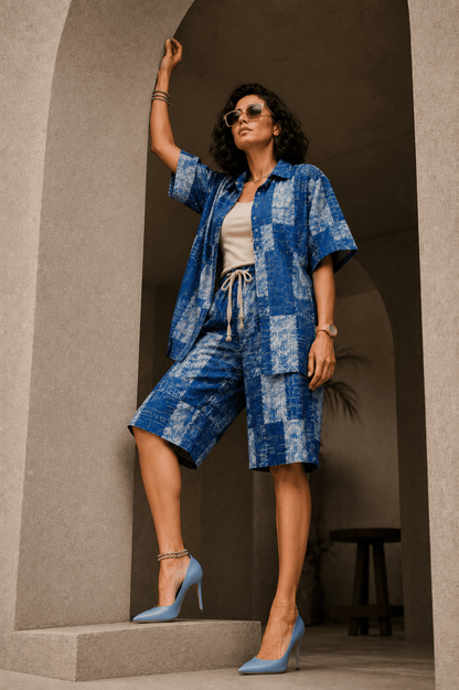 Bashii Printed Cotton Co-ord Set with Half Sleeve Shirt & Knee-Length Shorts BLU