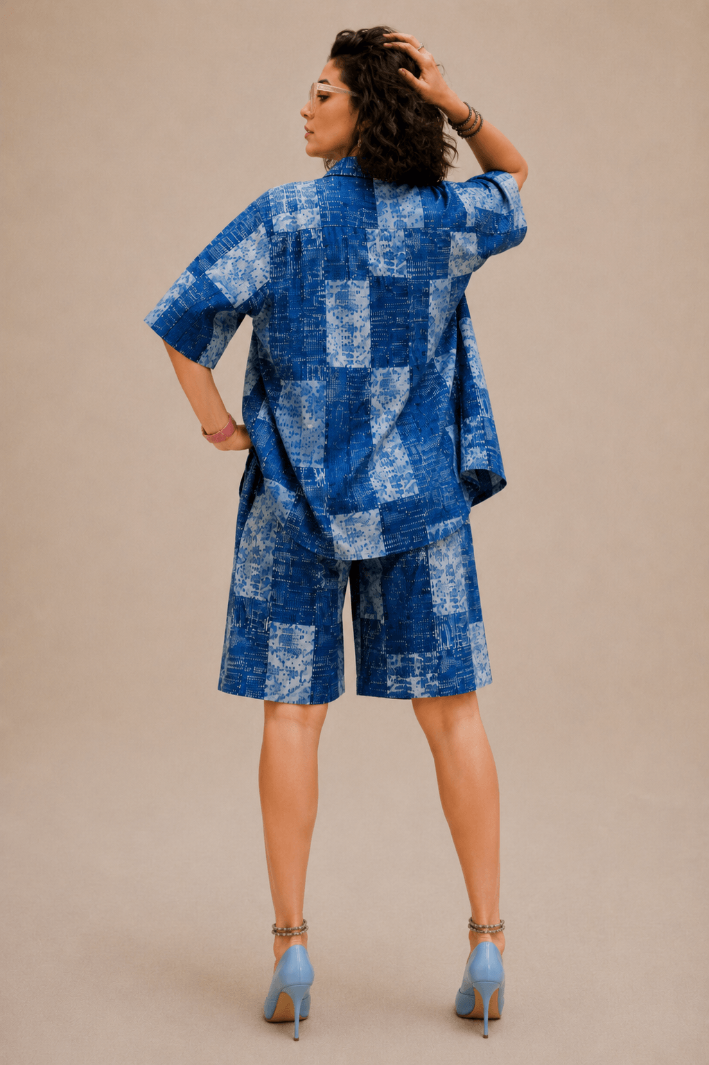 Bashii Printed Cotton Co-ord Set with Half Sleeve Shirt & Knee-Length Shorts BLU