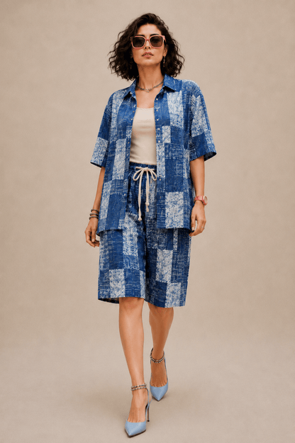 Bashii Printed Cotton Co-ord Set with Half Sleeve Shirt & Knee-Length Shorts BLU