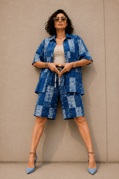Bashii Printed Cotton Co-ord Set with Half Sleeve Shirt & Knee-Length Shorts BLU