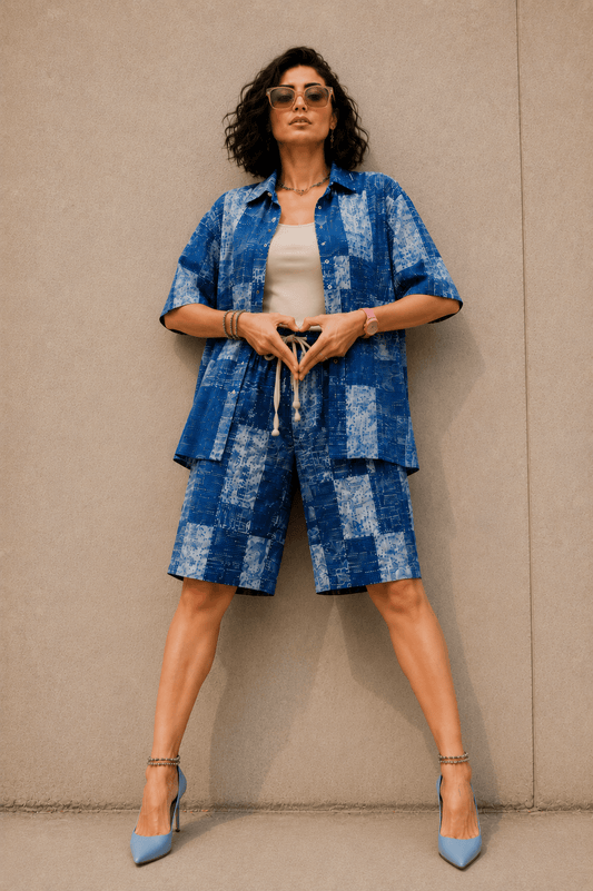 Bashii Printed Cotton Co-ord Set with Half Sleeve Shirt & Knee-Length Shorts BLU