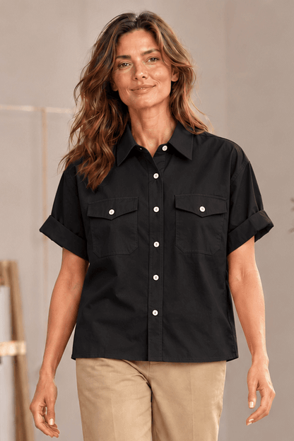 Katherine Black Cotton Poplin Utility Short Sleeve Shirt