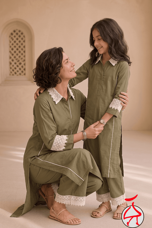 Zinniars Bubby Olive G Cotton Viscose Twinning Set | Mother & Daughter