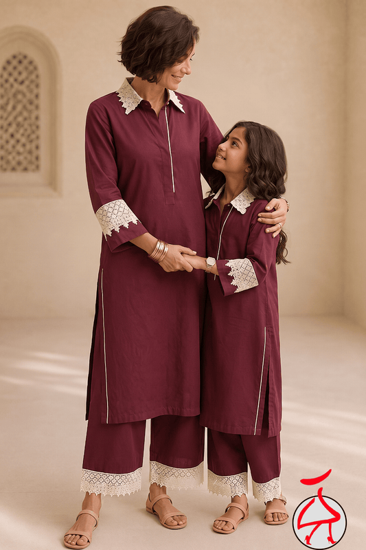 Zinniars Bubby Maroon Cotton Viscose Twinning Set | Mother & Daughter