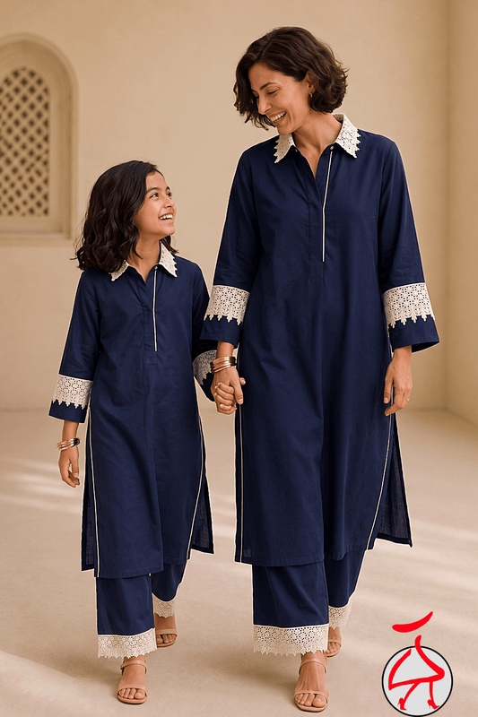 Zinniars Bubby Navy Cotton Viscose Twinning Set | Mother & Daughter