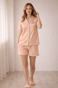 Mehar Birdie | Cotton Satin Co-ord Set – Hand-Painted Sparrow Shirt & Shorts in Peach