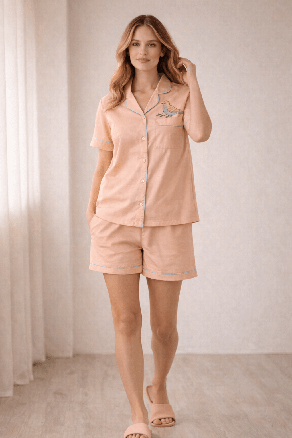 Mehar Birdie | Cotton Satin Co-ord Set – Hand-Painted Sparrow Shirt & Shorts in Peach