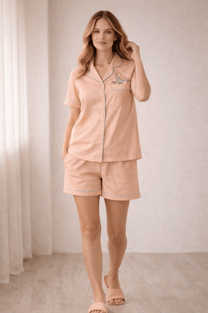Mehar Birdie | Cotton Satin Co-ord Set – Hand-Painted Sparrow Shirt & Shorts in Peach