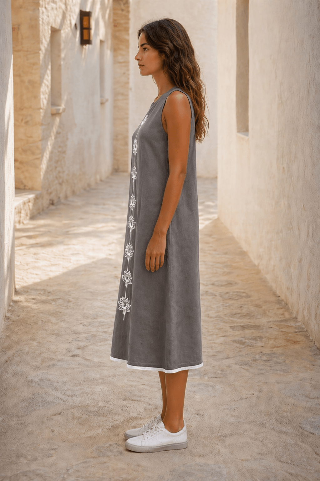 Naira Cotton Linen A-Line Midi Dress in Earthy Grey with Hand Embroidered Motifs
