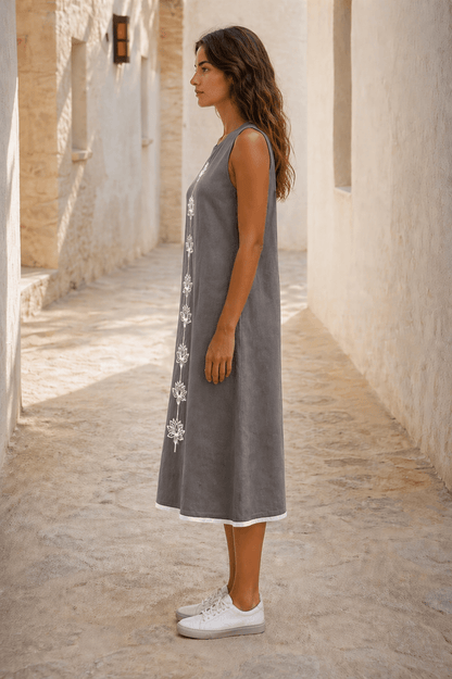 Naira Cotton Linen A-Line Midi Dress in Earthy Grey with Hand Embroidered Motifs