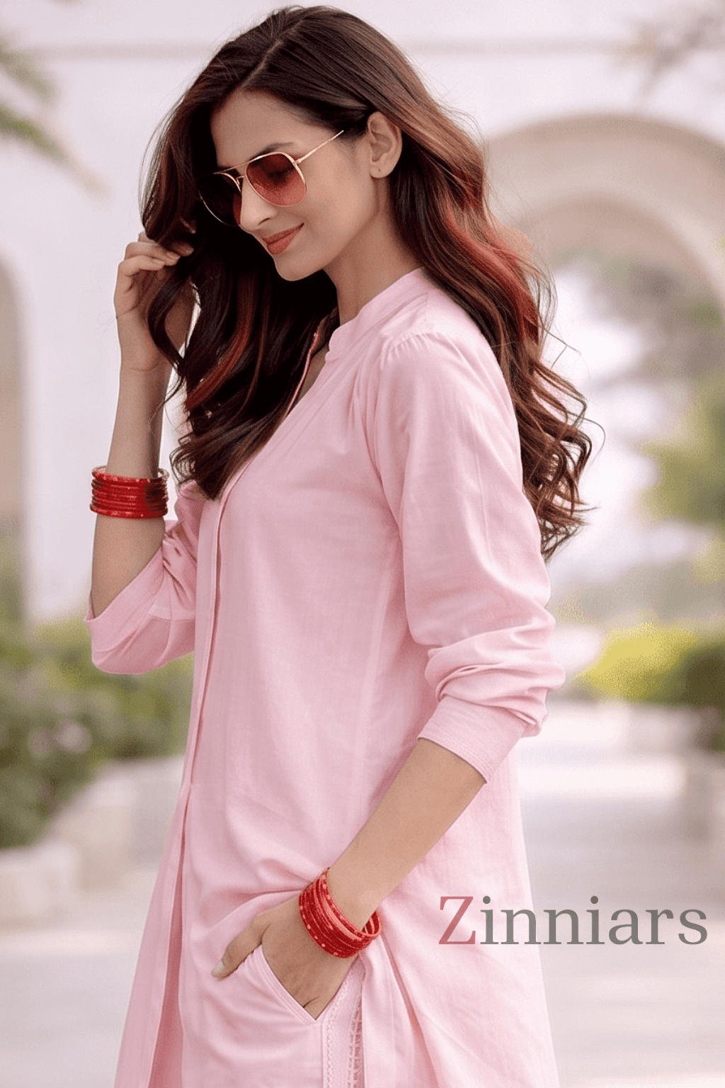 Shukrana Light Pink Relaxed-Fit Cotton Linen Ensemble with Lace inserts for Women