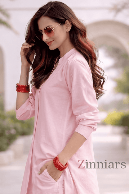 Shukrana Light Pink Relaxed-Fit Cotton Linen Ensemble with Lace inserts for Women
