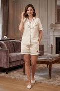 Mehar Love Cotton Satin Co-ord Set – Hand-Painted Shirt & Shorts in Ivory