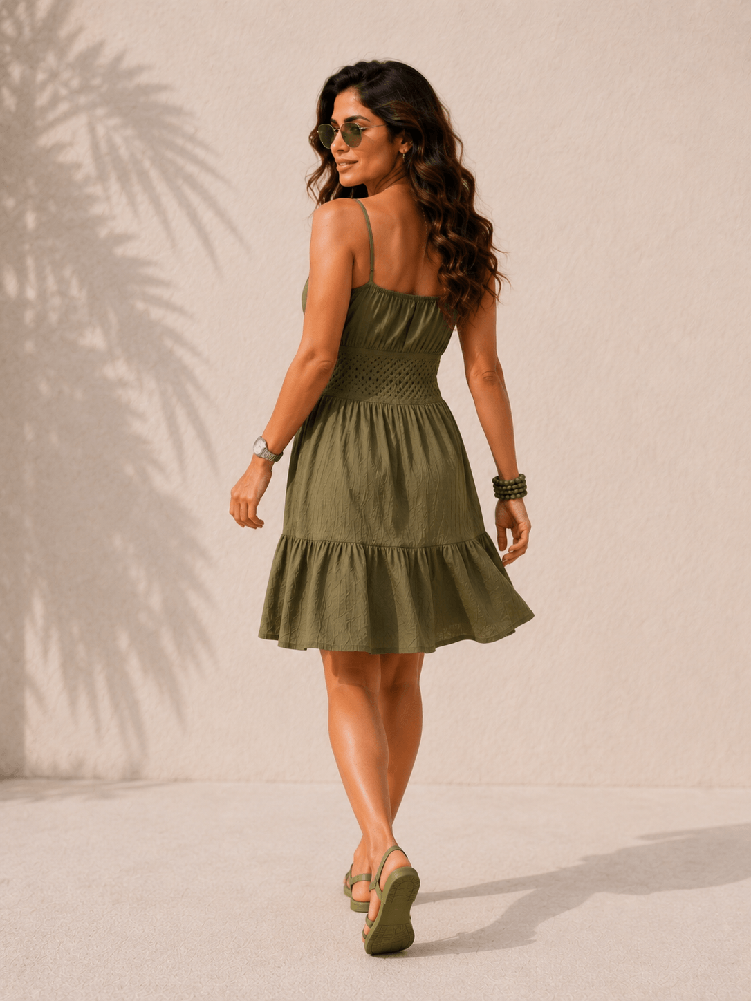 Sherry Olive Green Smocked Midi Dress in Rayon