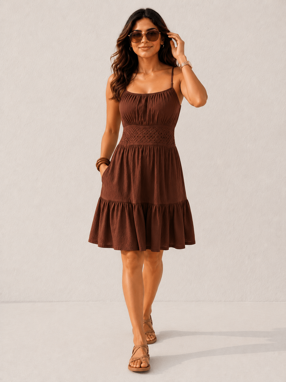Sherry Brown Smocked Midi Dress in Rayon
