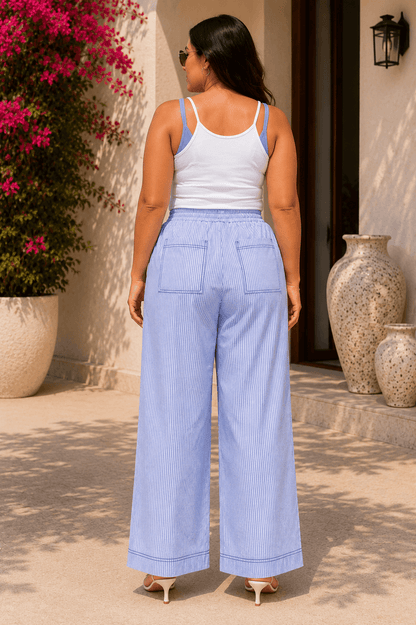 Riviera Curve Cotton Blend Blue Stripe Seersucker Wide-Leg Pajama Pants