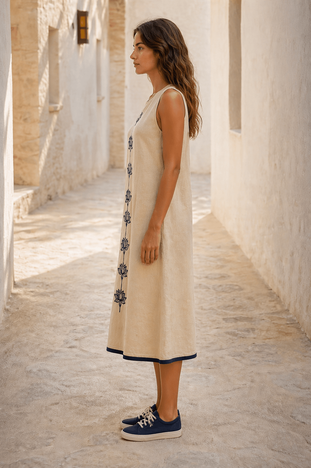 Naira  Cotton Linen A-Line Midi Dress in Warm Beige with Hand Embroidered Motifs