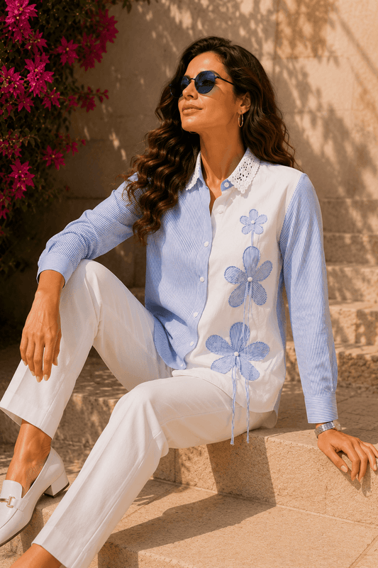 Tisca Floral Appliqué Cotton Blue Stripe Seersucker Shirt