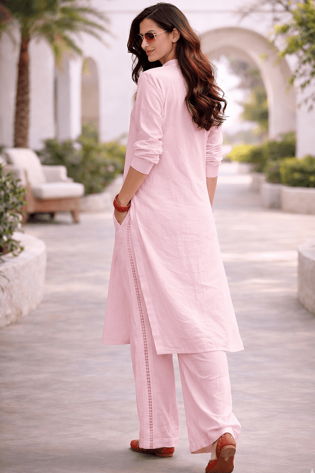 Shukrana Light Pink Relaxed-Fit Cotton Linen Ensemble with Lace inserts for Women