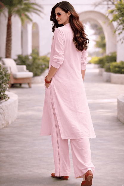 Shukrana Light Pink Relaxed-Fit Cotton Linen Ensemble with Lace inserts for Women