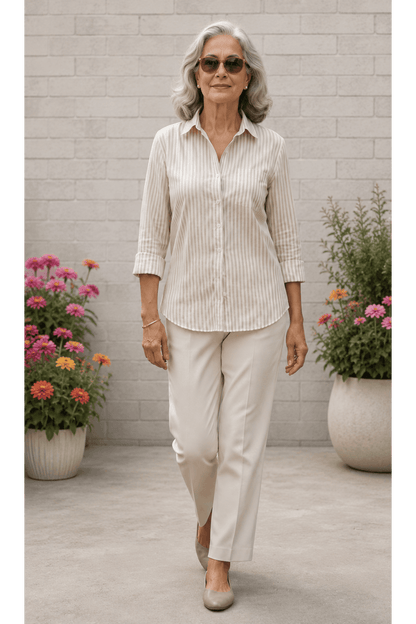 Lila | Almond Stripe Cotton Blend Regular-Fit Shirt For Women