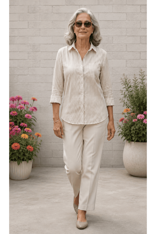 Lila | Almond Stripe Cotton Blend Regular-Fit Shirt For Women