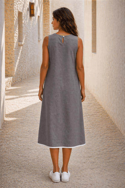 Naira Cotton Linen A-Line Midi Dress in Earthy Grey with Hand Embroidered Motifs