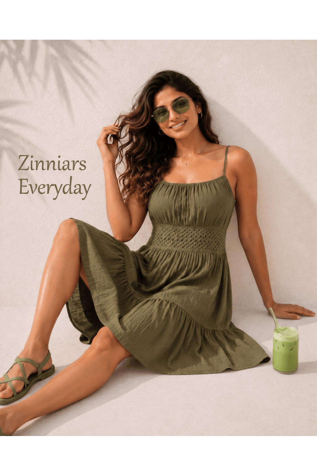 Sherry Olive Green Smocked Midi Dress in Rayon