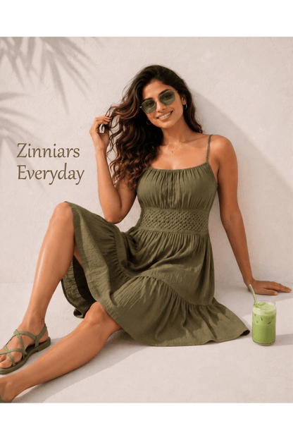Sherry Olive Green Smocked Midi Dress in Rayon