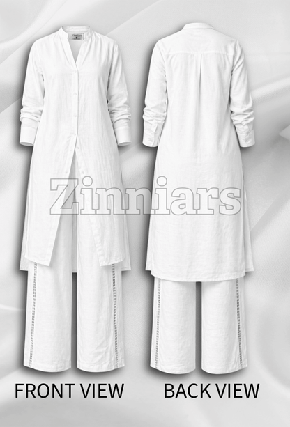 Shukrana White Relaxed-Fit Cotton Linen Ensemble with Lace inserts for Women