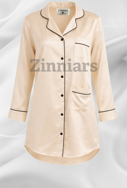 Martha | Pearl Ivory Cotton Modal Satin Boyfriend Shirt Dress for Women