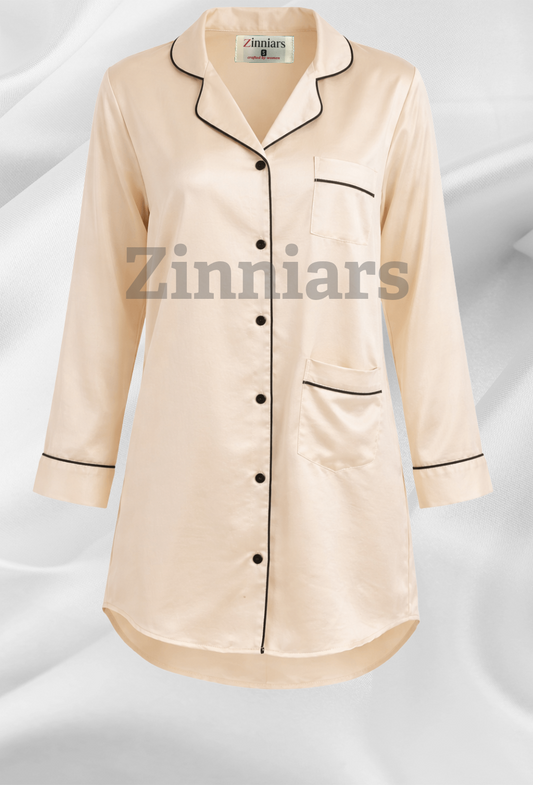 Martha | Pearl Ivory Cotton Modal Satin Boyfriend Shirt Dress for Women