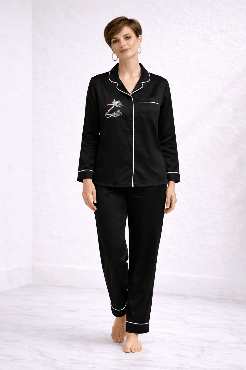 Zenith Majestic Black Hand-Painted Cotton Satin Boardroom-to-Bed Co-ord Set
